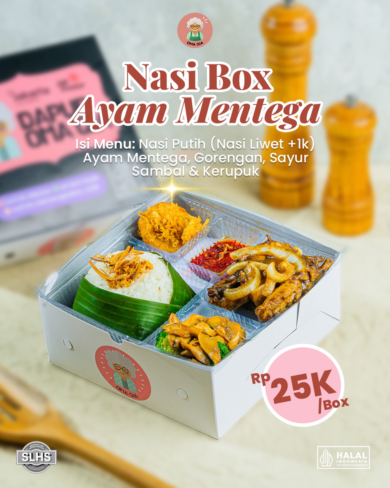 🍱 Nasi Box Ayam Mentega
Gurih, manis, dan bikin nagih 🤤
✨ Hanya 25K / box ✨
Cocok untuk acara, meeting, atau makan rame-rame.

📲 Yuk langsung order sekarang!

#dapuromaqia #cateringservice #prasmanan #nasibox #tumpeng