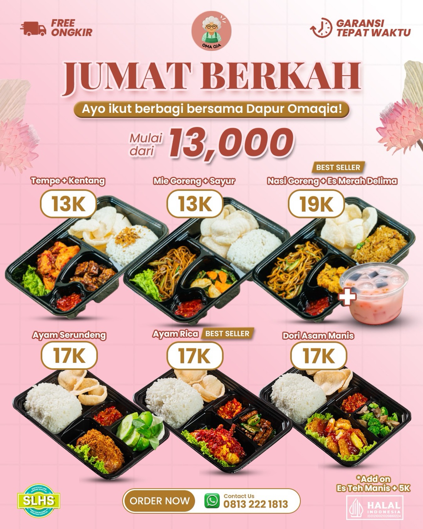 Jumat Berkah, saatnya berbagi kebaikan ✨

Tak perlu menunggu banyak untuk berbuat baik. Satu nasi box yang kamu bagikan hari ini bisa menjadi kebahagiaan bagi mereka yang membutuhkan.

Yuk, ikut program Jumat Berkah bersama Dapur Omaqia dan sebarkan manfaat lebih luas.

🤲 Berbagi makanan, menebar kebaikan.
📦 Dapur Omaqia siap membantu kebutuhan nasi box untuk kegiatan sosial dan sedekah Jumat.

Hubungi kami sekarang dan mari berbagi bersama!

#jumatberkah🙏 #dapuromaqia #sedekahjumat #berbagimakanan NasiBoxJumatBerkah